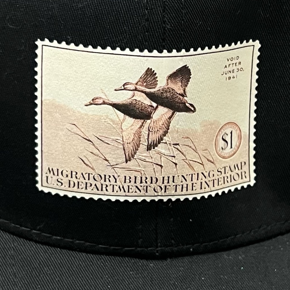 Black Trucker Hat with Bird Stamp Patch - Picture 2 of 7